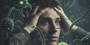 Ilustracija osobe koja pati od anksioznosti, magle u glavi i stresa, okružena pretećim, simboličnim parazitima, koja vizuelno prikazuje uticaj parazita na mentalno zdravlje i psihu.