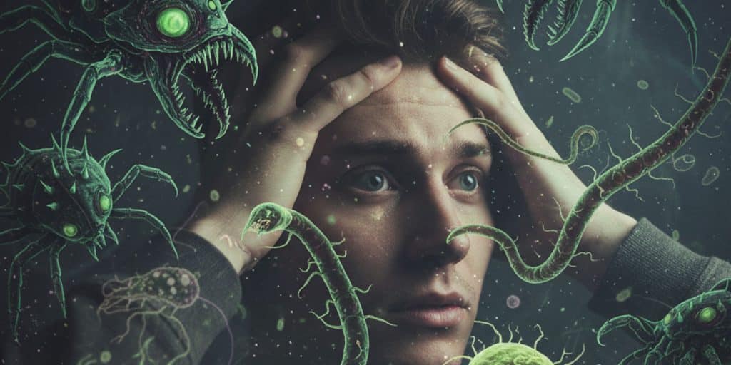 Ilustracija osobe koja pati od anksioznosti, magle u glavi i stresa, okružena pretećim, simboličnim parazitima, koja vizuelno prikazuje uticaj parazita na mentalno zdravlje i psihu.