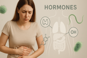 Žena sa bolovima u stomaku uz grafiku hormona i mikroskopskih parazita – ilustracija hormonskog disbalansa uzrokovanog parazitima.