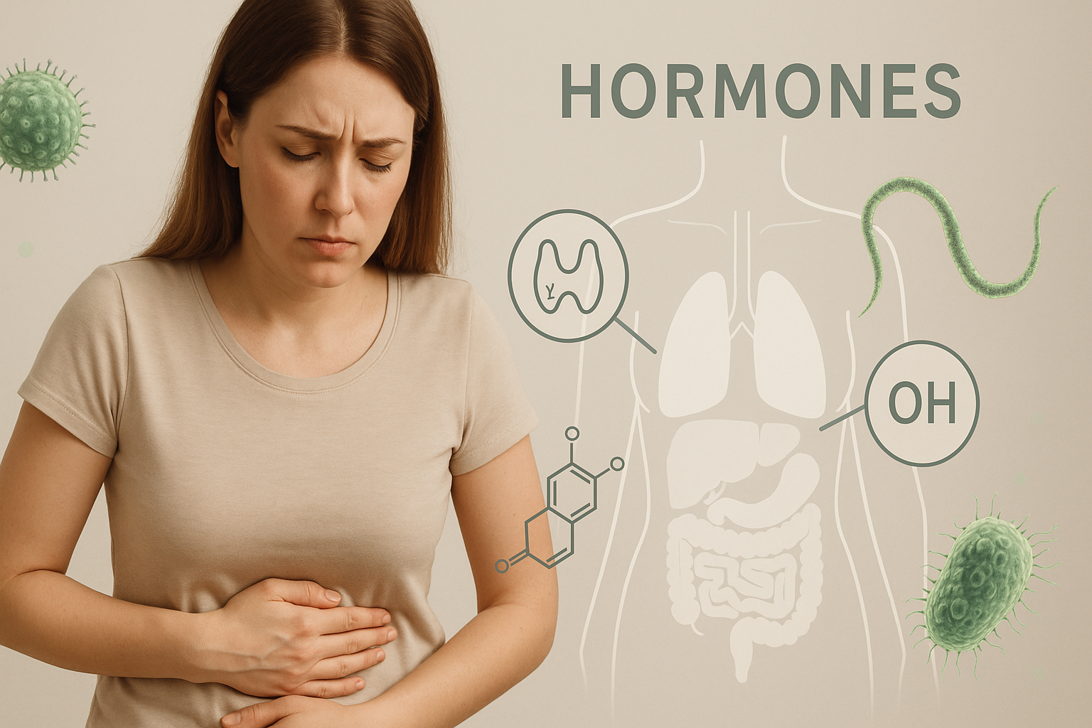 Žena sa bolovima u stomaku uz grafiku hormona i mikroskopskih parazita – ilustracija hormonskog disbalansa uzrokovanog parazitima.