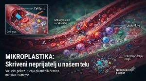 Naučna ilustracija mikroplastike u krvotoku i ljudskom tkivu koja prikazuje upalu i uticaj sintetičkih čestica na organizam.