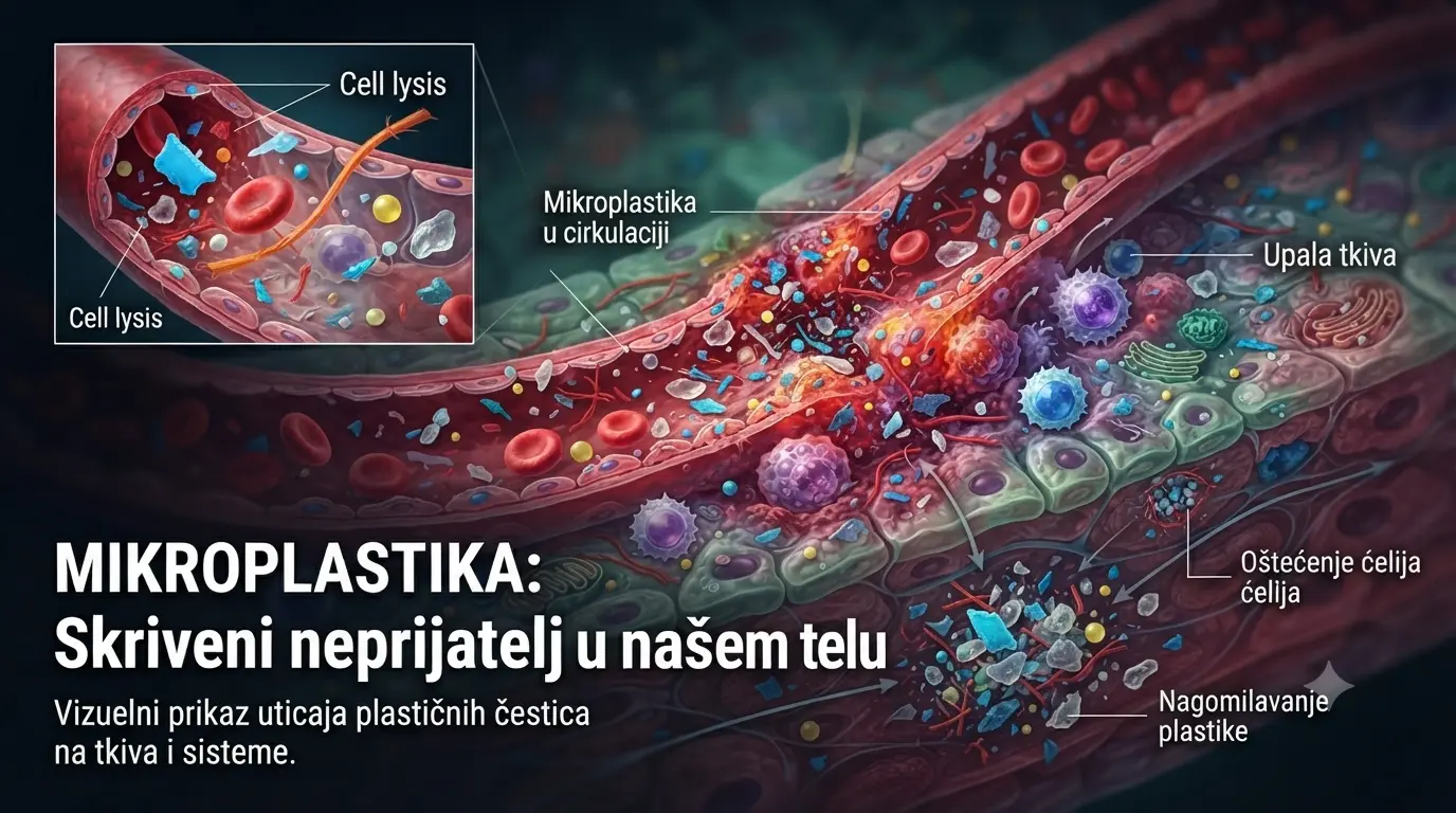 Naučna ilustracija mikroplastike u krvotoku i ljudskom tkivu koja prikazuje upalu i uticaj sintetičkih čestica na organizam.